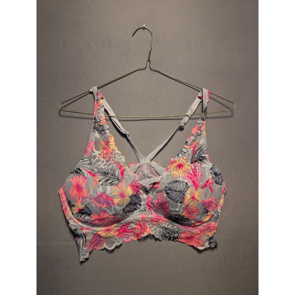 Victoria's Secret Pink Push Up Bra Womens Large Gray Floral Lace Spaghetti Strap